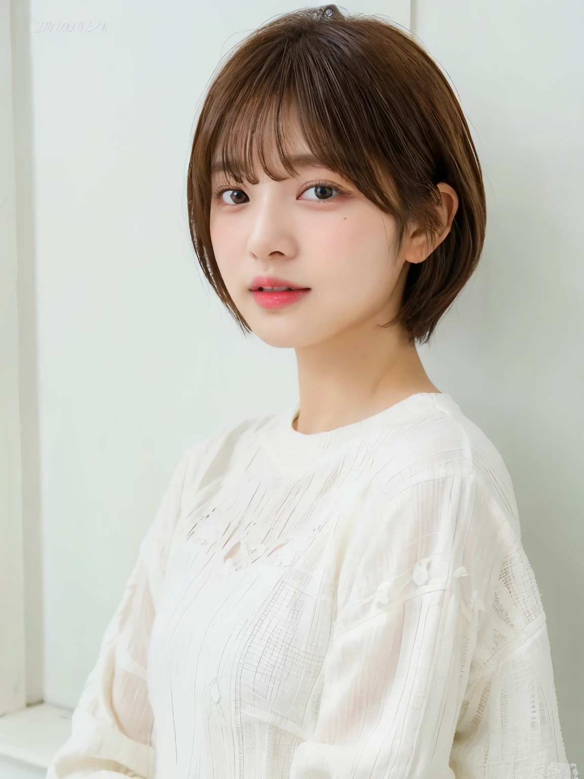stylish long sleeve dress、Tabletop、(White wall in the background)、In front of a white door、Look away、Berry Short、((highest quality、8k、masterpiece:1.3))、Ultra-high resolution、(photoGenuineistic:1.4)、RAW Photos、30-year-old woman、Japanese,(face)、Genuine、Photographed in natural light、Highly detailed face and skin texture、Highly detailed lips、The correct state of the human body、short hair、Shortcuts、Brown Hair、short hair、Various poses、Natural color lip、Fluffy hair
