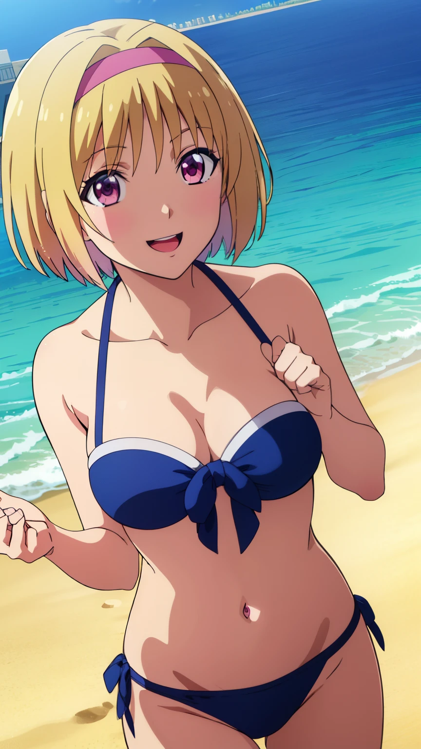 kikyou kushida, short hair, blonde hair, hairband, hair intake, smiling,(pink eyes:1.2), Beautiful character design, perfect eyes, perfect face, expressive eyes, perfect balance,
(Swimsuit, Beach,Open your mouth),
Dynamic Angle,staring at the viewer, cowboy shot,
(masterpiece, best quality, 8k:1.2), high resolution, Unity 8k wallpaper, (beautifully detailed eyes:1.4), highly detailed face, perfect lighting, highly detailed CG, (perfect hands, perfect anatomy),
