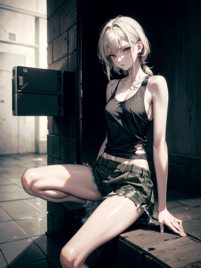 torn clothes, tank top, soldier camouflage jacket, absurdres, RAW photo, extremely delicate and beautiful, masterpiece, Best Quality, ultra high resolution, 32k, hyperrealistic, ultra-detailed, detailed description, pale skin, 20 years old, tearful mole, earring, short medium hair, wavy hair, whole body shot, legs, Red eyes,