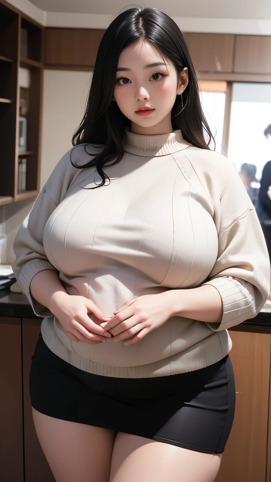 (Best quality,8k,ultra high res:1.2),(Pretty Japanese girl),(Huge breasts:0.8),(black sweater), (thick thighs:0.9), (obese body)