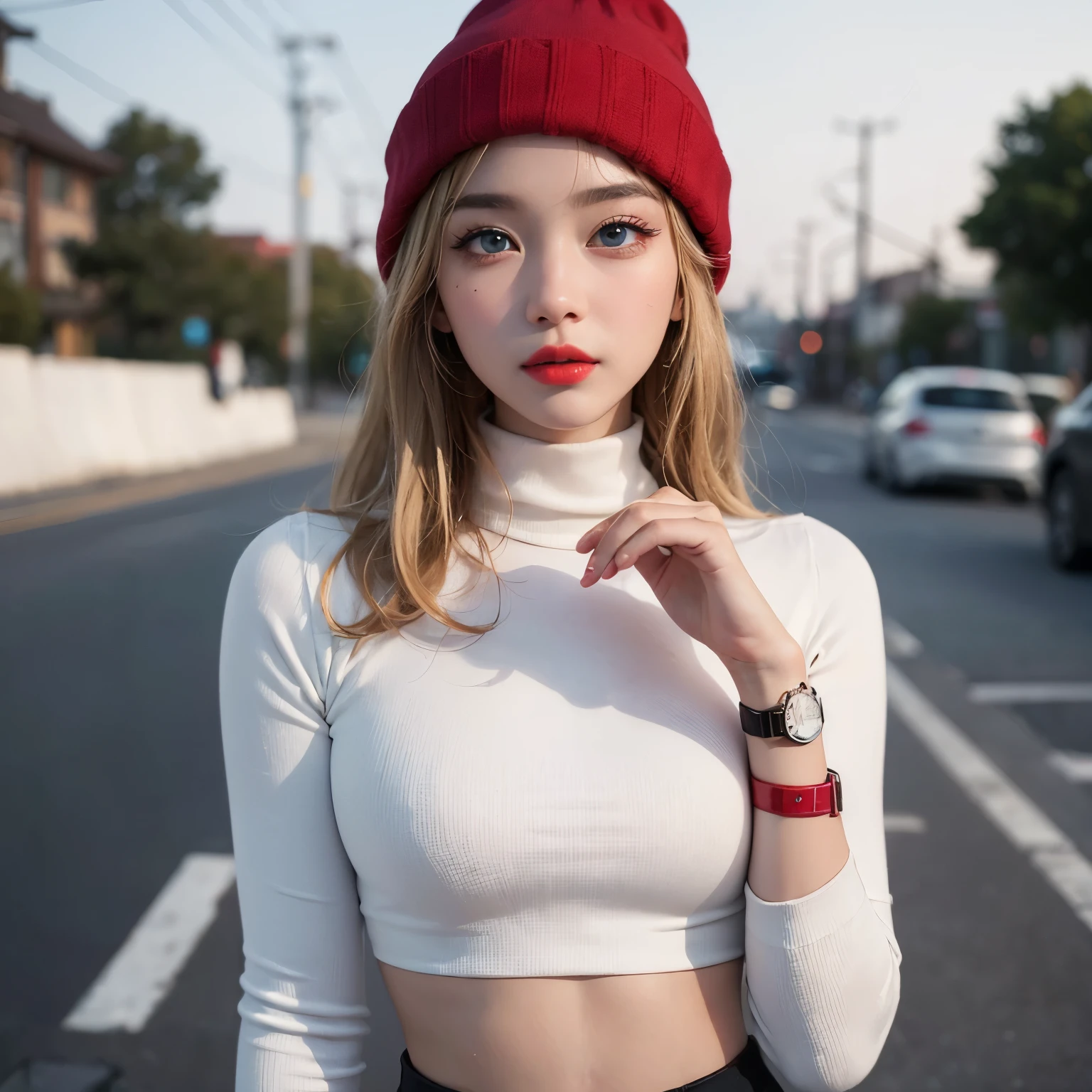 ((Best quality, 8k, Masterpiece :1.3)), Whole body, Long legs, Sharp focus :1.2, a 20 year old woman, medium blonde hair, red beanie hat, white turtle neck crop top, black pants, wearing a watch, background in a city park, Asian woman, ((blue eyes, blushing, red lips, eyebrows)), realistic, ultra HD, Highly detailed face and skin texture, Detailed eyes, Double eyelid, ((Perfect Fingers, Perfect Eyes, V-shape Face))