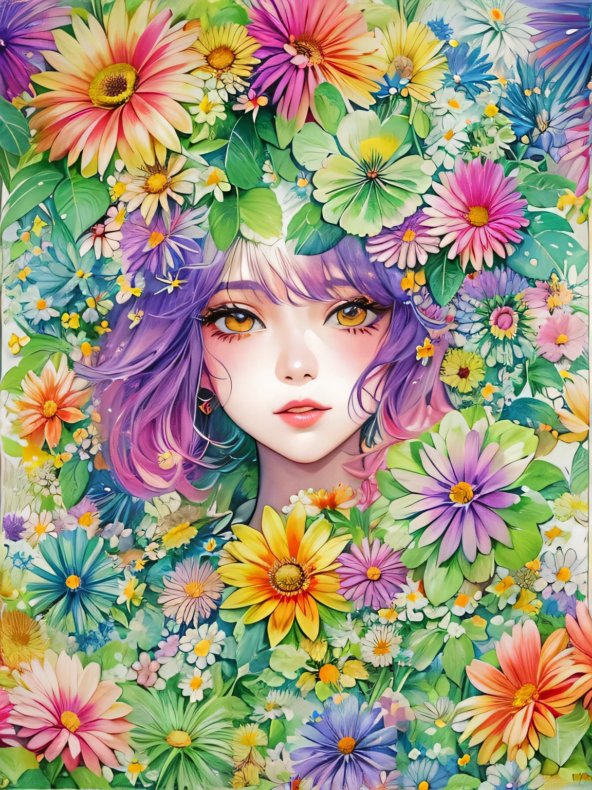 Hiromi Matsuo Style、(((stylish fashion))), 8K Quality、Intense watercolor, Detailed watercolor art, Watercolor splash, Surreal, avant-garde pop art, Beautiful and expressive paintings, Beautiful artwork illustration, Very colorful tones, wonderful, Cool beauty, highest quality、Official Art, Vector art, Stylish design, (((The most beautiful girl))), (((highest quality))), HDR, ((detailed)), (((Doodle Art)), ((masterpiece)), ((Super detailed)), (((Colorful flowers))),(((Stylish))),