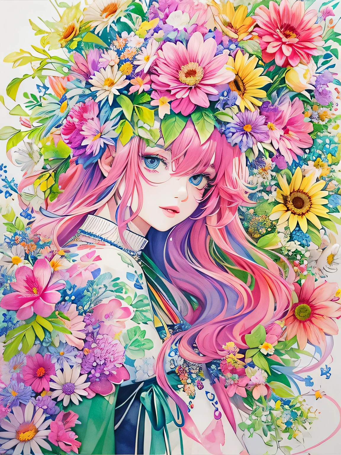 Hiromi Matsuo Style、(((stylish fashion))), 8K Quality、Intense watercolor, Detailed watercolor art, Watercolor splash, Surreal, avant-garde pop art, Beautiful and expressive paintings, Beautiful artwork illustration, Very colorful tones, wonderful, Cool beauty, highest quality、Official Art, Vector art, Stylish design, (((The most beautiful girl))), (((highest quality))), HDR, ((detailed)), (((Doodle Art)), ((masterpiece)), ((Super detailed)), (((Colorful flowers))),(((Stylish))),