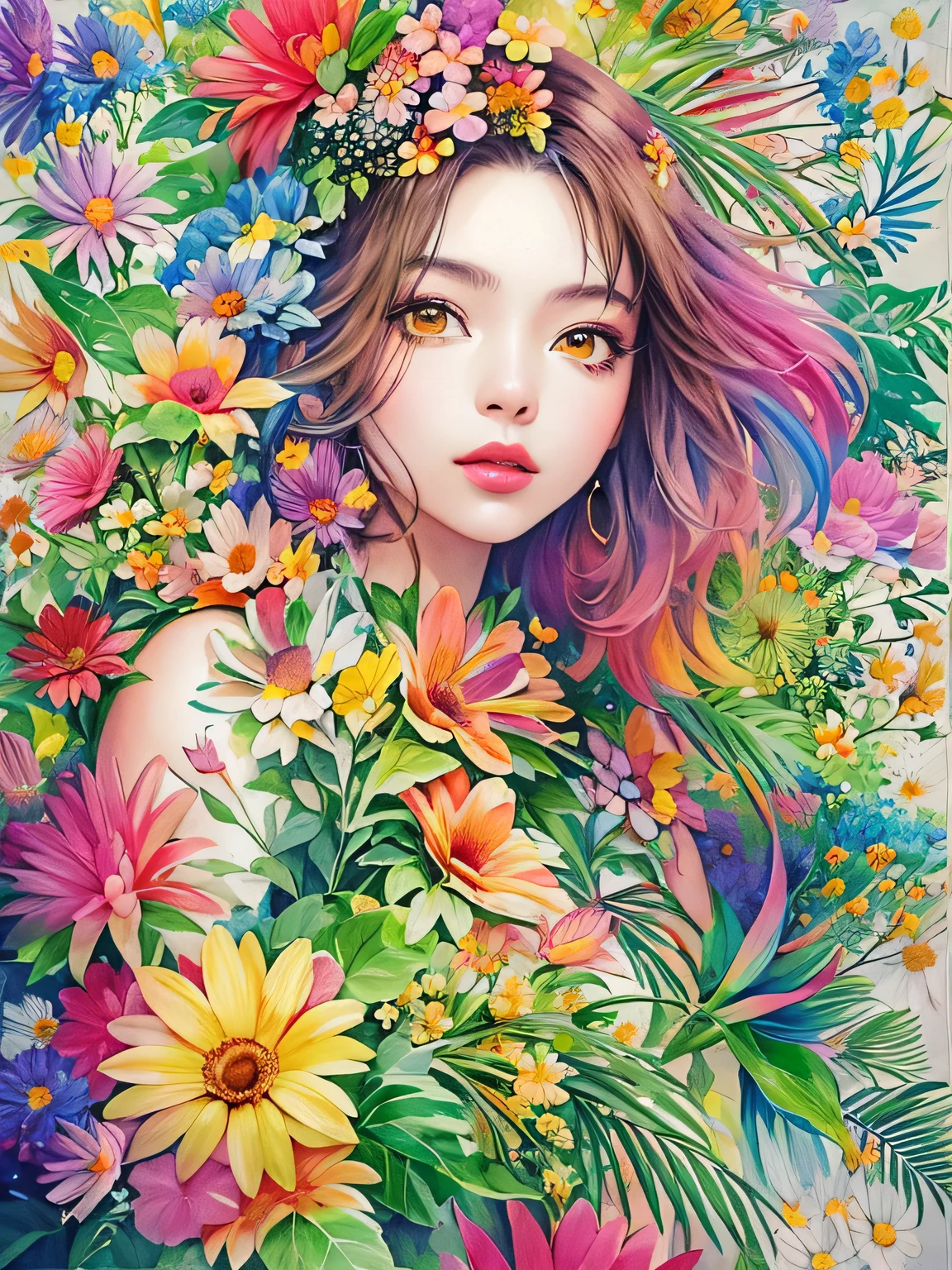 Hiromi Matsuo Style、(((stylish fashion))), 8K Quality、Intense watercolor, Detailed watercolor art, Watercolor splash, Surreal, avant-garde pop art, Beautiful and expressive paintings, Beautiful artwork illustration, Very colorful tones, wonderful, Cool beauty, highest quality、Official Art, Vector art, Stylish design, (((The most beautiful girl))), (((highest quality))), HDR, ((detailed)), (((Doodle Art)), ((masterpiece)), ((Super detailed)), (((Colorful flowers))),(((Stylish))),