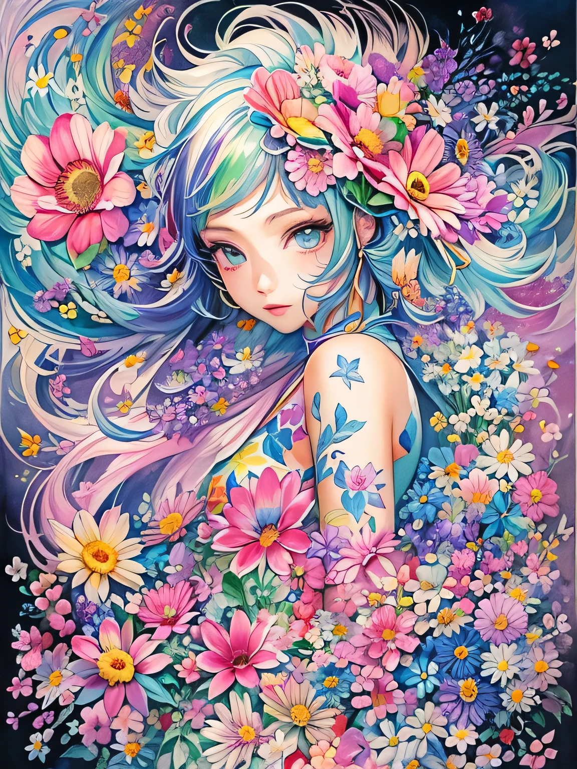 Hiromi Matsuo Style、(((stylish fashion))), 8K Quality、Intense watercolor, Detailed watercolor art, Watercolor splash, Surreal, avant-garde pop art, Beautiful and expressive paintings, Beautiful artwork illustration, Very colorful tones, wonderful, Cool beauty, highest quality、Official Art, Vector art, Stylish design, (((The most beautiful girl))), (((highest quality))), HDR, ((detailed)), (((Doodle Art)), ((masterpiece)), ((Super detailed)), (((Colorful flowers))),(((Stylish))),