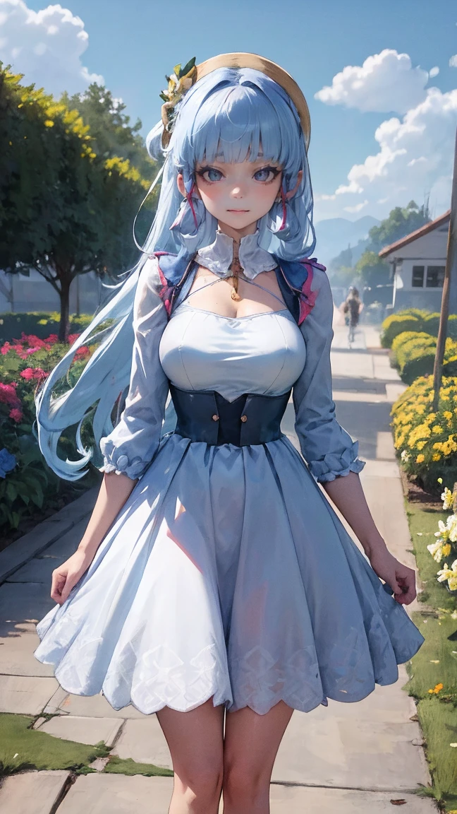 kamisato ayaka| impacto genshin, obra maestra, mejor calidad, 1 chicas,25 years, proporcional body, proporcional., Vestidos de novia, vestido de novia blanco, falda larga, boda, pechos medianos, ,bara, Standing in the middle of a flower garden, exterior, boda, el cielo es hermoso, Ambas manos sostienen un ramo de flores.........................................., Ver a los espectadores desde el frente., correa del muslo, nod, aburrido, 10, 10, hd, leve sonrisa,
