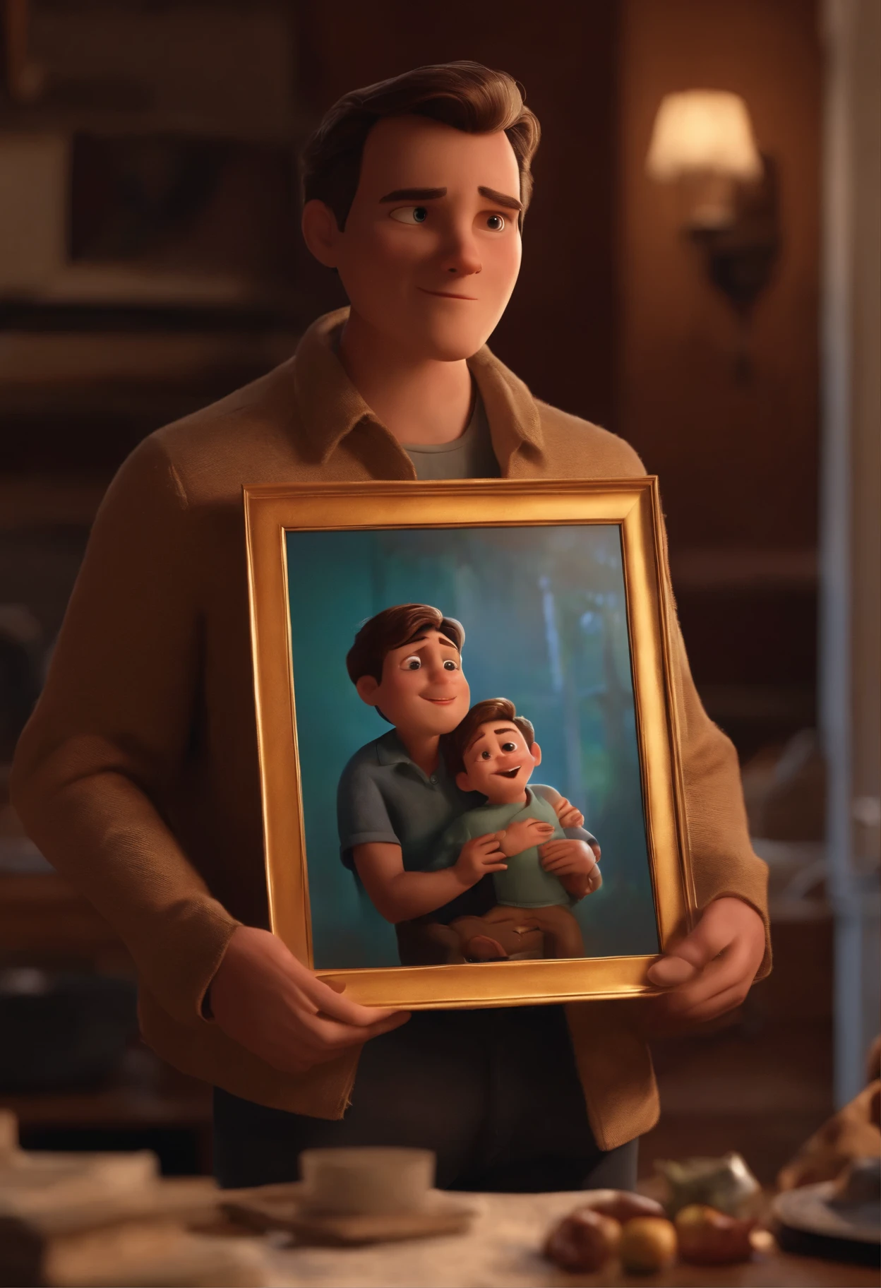 pixar. The son is holding a frame with a picture of his deceased father in his hands, looking at it and crying. The son is 23 years old,