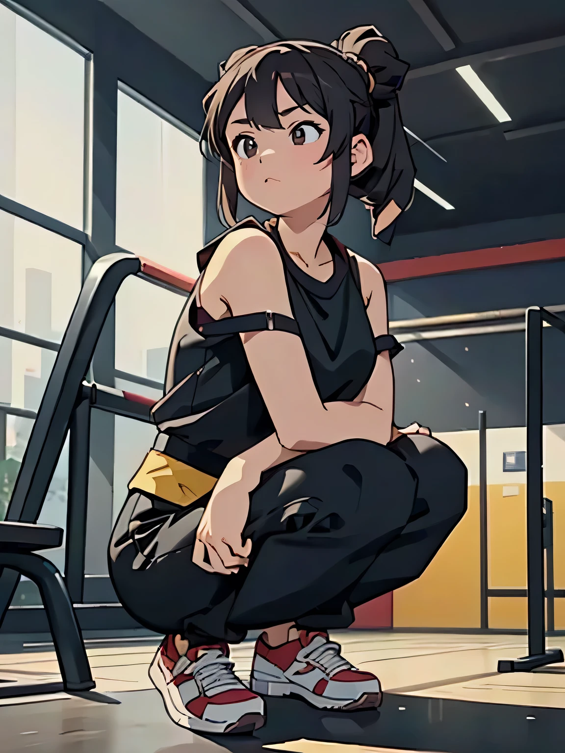 (a girl wearing a black top and black pants squatting on gym equipment), (good results, healthy girl, Chun-Li at the gym, at the gym), (best anime 4K Konachan wallpaper, 4K anime wallpaper), (beautiful anime girl squatting, anime style 4K, anime wallpaper 4K, anime wallpaper 4K), (ultra-detailed artwork)