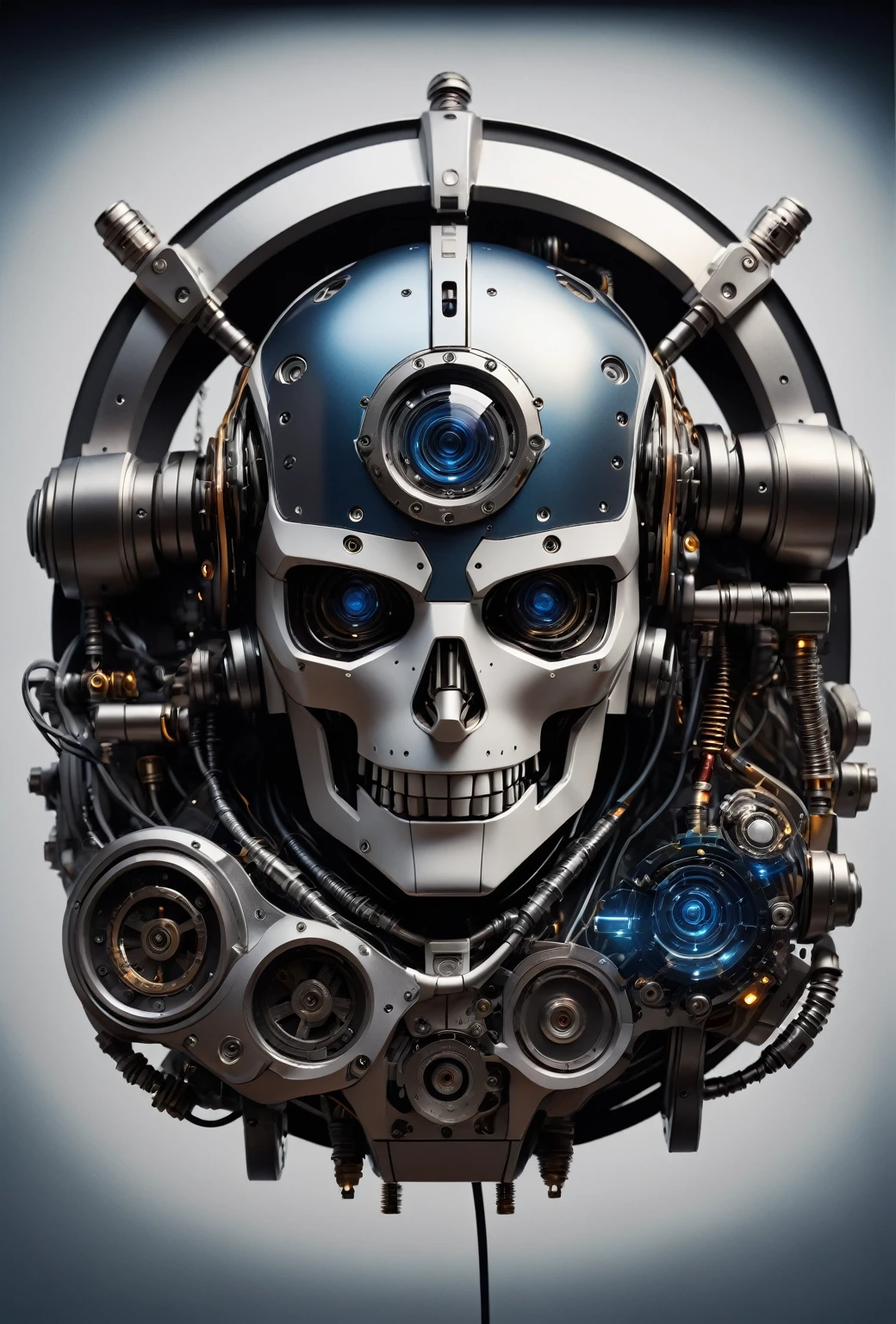 (best quality,4k,8k,highres,masterpiece:1.2),ultra-detailed,(realistic,photorealistic,photo-realistic:1.37),close-up,robot,metallic,shiny surface,complex and intricate structure,glowing LED lights,advanced technology,mechanical parts,precision engineering,futuristic design,sharp edges and angles,mechanical arms and joints,detailed wiring,integrated sensors and cameras,excellent craftsmanship,sci-fi concept art,vivid colors,contrasting highlights and shadows,dramatic lighting,blue and silver color palette,subtle reflections on the surface,studio lighting