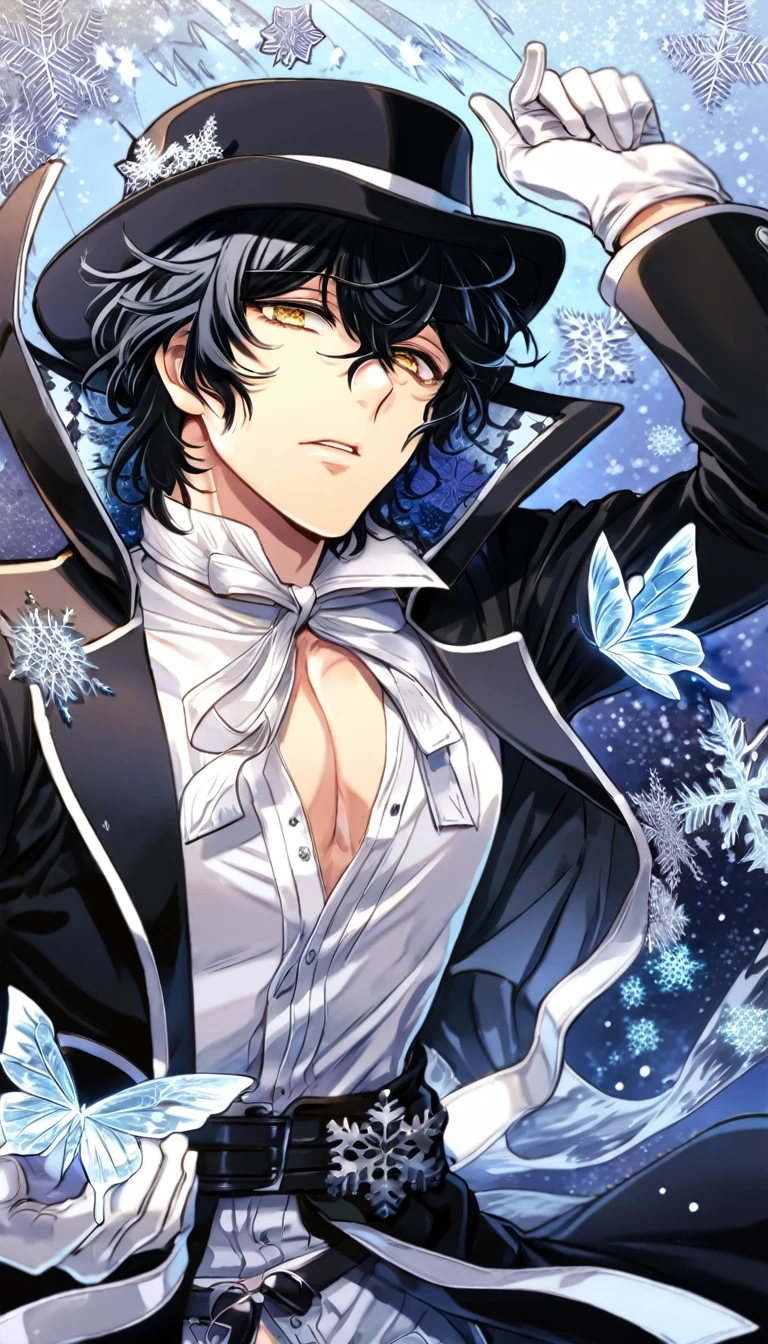 Ultra detailed, HDR, Highres, absurdres, master piece, Gilbert Nightray, black hair, expressive golden eyes, black coat with patterns, Pandora Hearts, ice butterflies, winter, ice, snowflakes, white flowers, sexy man, solo, extremely detailed face and eyes, handsome, glittering, toned chest, white shirt, black hat, white gloves, sitting