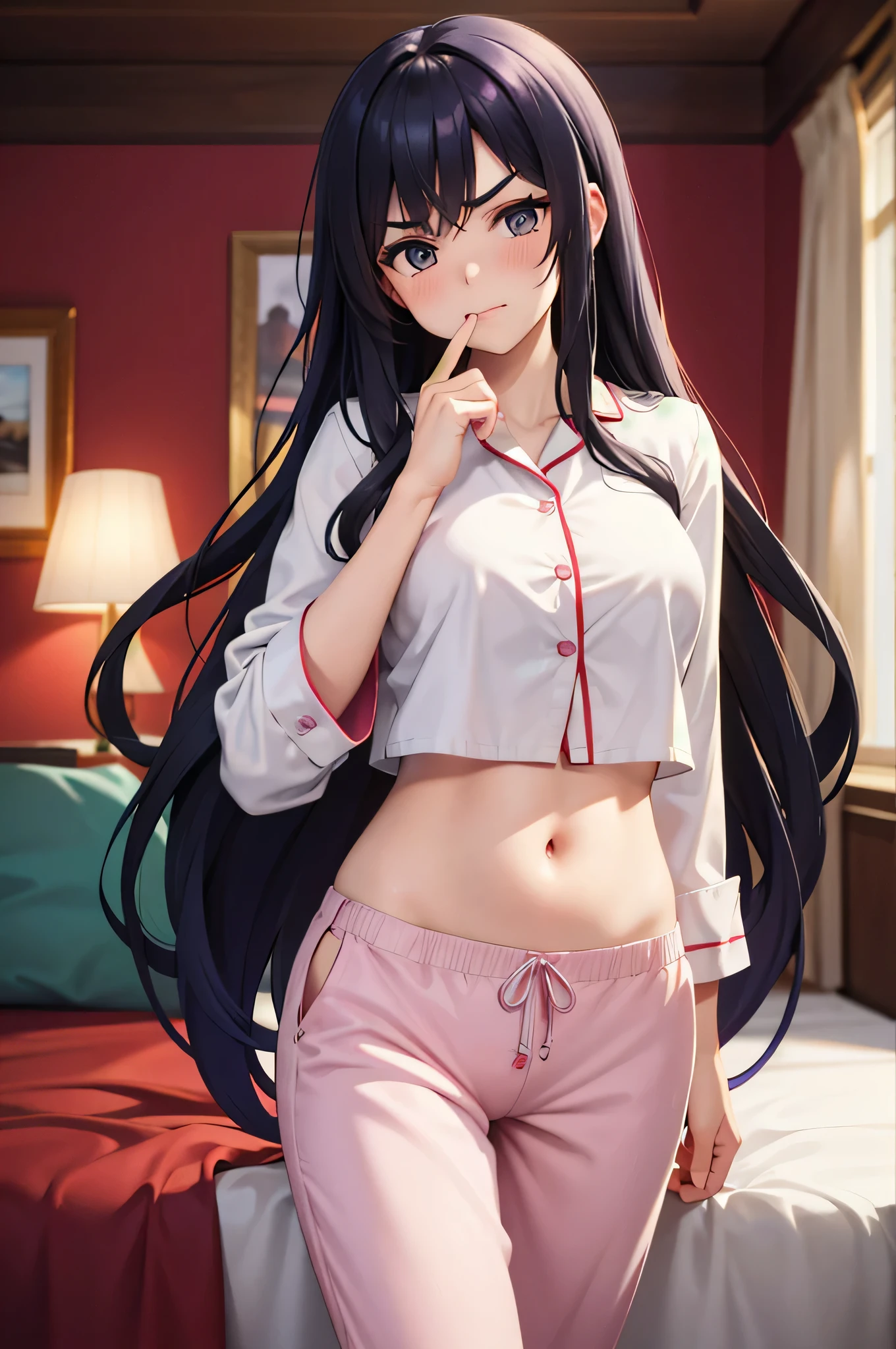 super fine illustration, vibrant colors, masterpiece, sharp focus, best quality, depth of field, cinematic lighting, ultra detailed, sleeves, crop top, pajamas, button-up, pajama pants, drawstring pants, belly button, wide hips, 1 woman, home, solo, milf, very messy hair, long curly hair, slender, blush, embarrassed, room, indoors, mature female, tall woman, looking down, v-shaped eyebrows, hand covering mouth