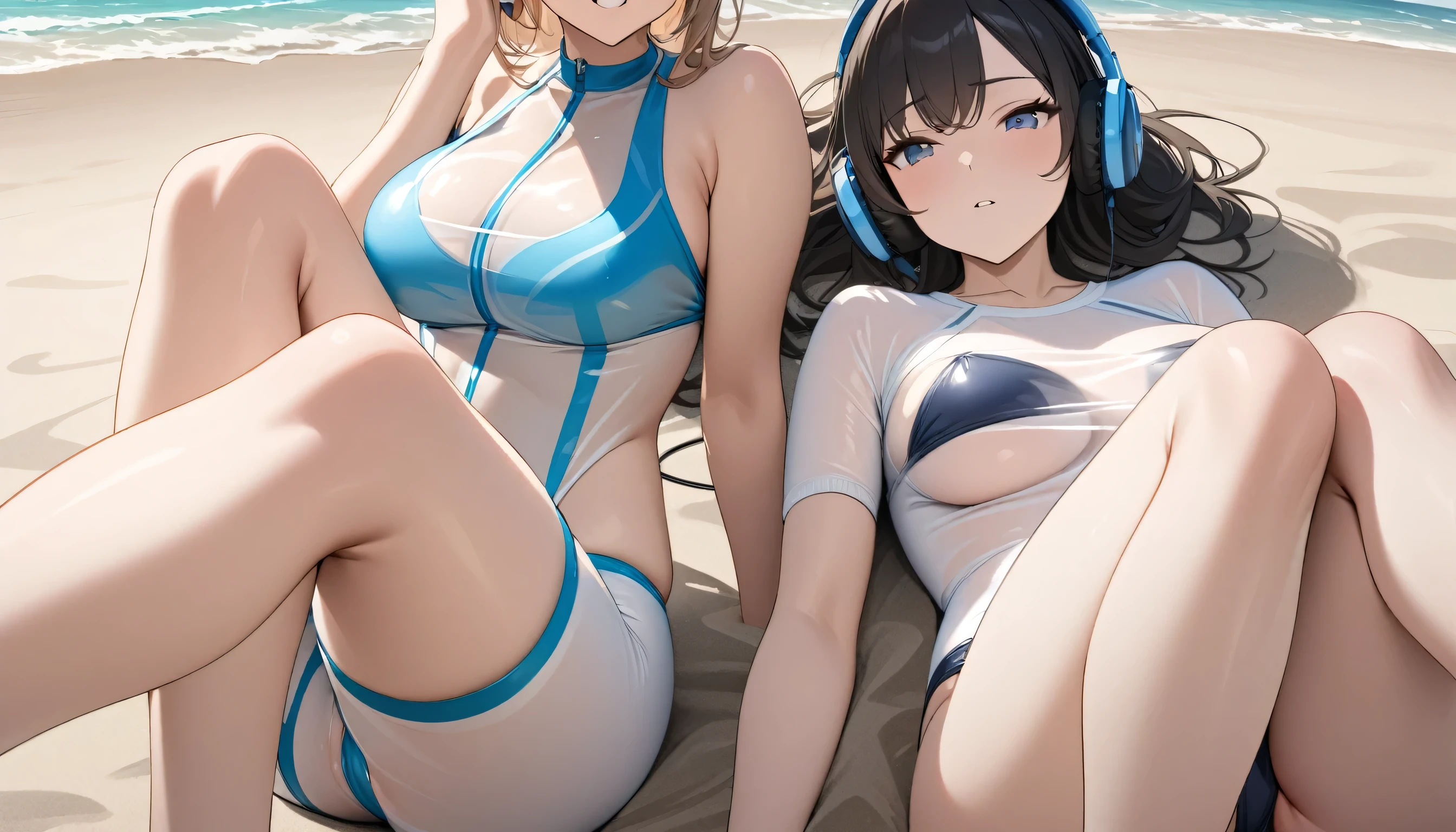 ((Top Quality)), ((Masterpiece)), (Detail), perfect face, sitting on the beach, lying on the beach, listening to music, two women, wearing headphones, wearing swimsuits, swimsuits are transparent, sitting with legs apart, legs Sitting cross-legged, wearing tight clothes, buttocks and breasts exposed.