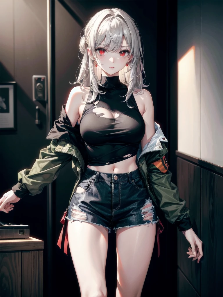conflict area, torn clothes, soldier camouflage jacket, tank top shirt, absurdres, RAW photo, extremely delicate and beautiful, masterpiece, Best Quality, ultra high resolution, 32k, hyperrealistic, ultra-detailed, detailed description, pale skin, 20 years old, tearful mole, earring, short medium hair, wavy hair, whole body shot, legs, Red eyes,