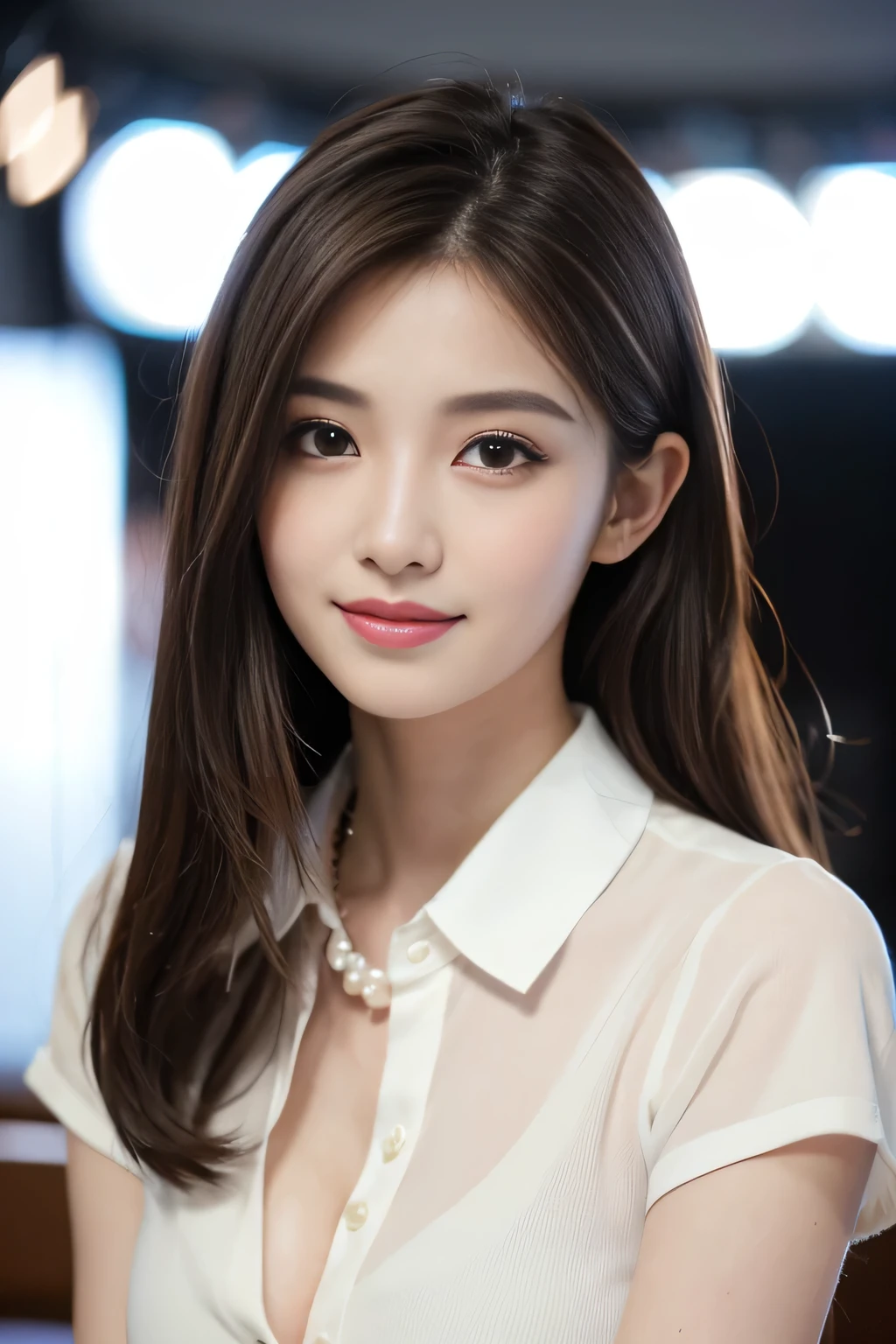 (RAW Photos), (Realistic), (masterpiece), (highest quality), High resolution, 8k, (Intricate details), (Volumetric Light), Portraiture, woman, Age 25, Medium Hair, Straight hair, Mid-chest, Accentuate your cleavage, Layered Hair, Brown Hair, Very beautiful eyes, Source order, Very thin eyebrows, Very fine skin, Very beautiful mouth, Very nice nose, Cute like an idol, smile, (Thick lips), (Looking at the audience), (Pearl white collared dress shirt), Above the knee shot,