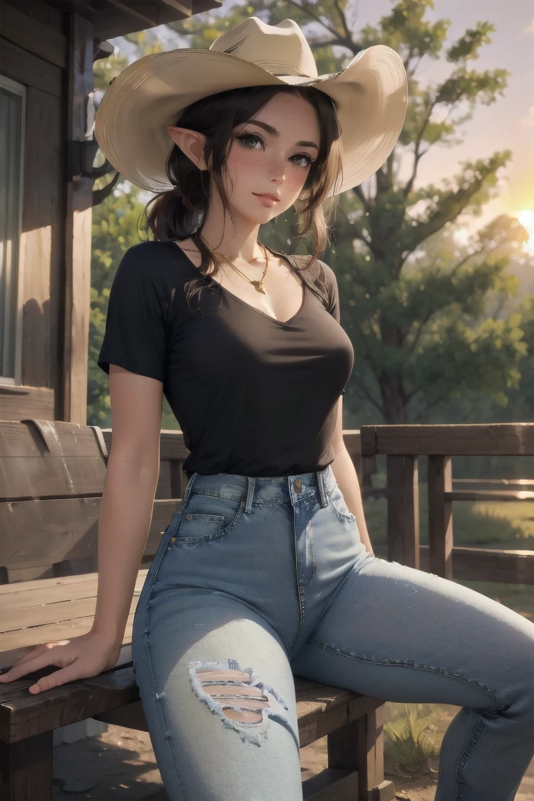 (elf girl), master piece, blushing, freckles, wide hips, slim waist, thick thighs, masterpiece, best quality, sfw, mature 36 year old woman, brown hair, moist face, wavy hair, mouth open, shiny. lips, beutiful round eyes, black tshirt, tight jeans, mood light, soft lap light, cozy mood, Lofi astetic, the scene emulates an immense feeling of comfort and safety, high waist jeans, tight pants, ripped jeans, (large thigh rip on jeans), Beautiful eyes, the most beautiful eyes youve ever seen, shiny thighs, (extremely ripped jeans), camel toe, hands in lap, pointy ears, short sleeve, cleavege, ponytail, gold necklace, looking at viewer, small breasts, cowboy hat, large cowboy hat, cowboy hat sitting low on head, shirt tucked in, outside on ranch, sitting on porch, sunset, sun setting in backround, cattle ranch