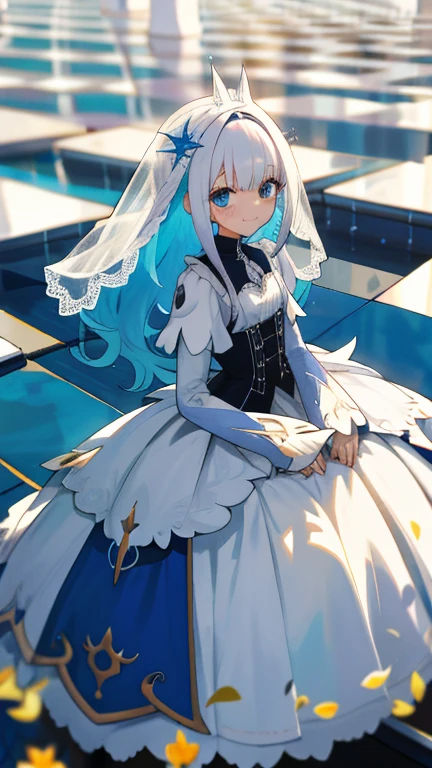 Una chica con pelo largo y rizado., pelo blanco, pelo interior azul, mirando al espectador, rubor, avergonzado, little smile, tears, lugar de la boda, playa, flor, vestido de novia, velo de novia, guantes de encaje, mareado, medio pecho, cintura perfecta, piernas abiertas, ambiente diurno, adorno para el pelo, de pie, ramo