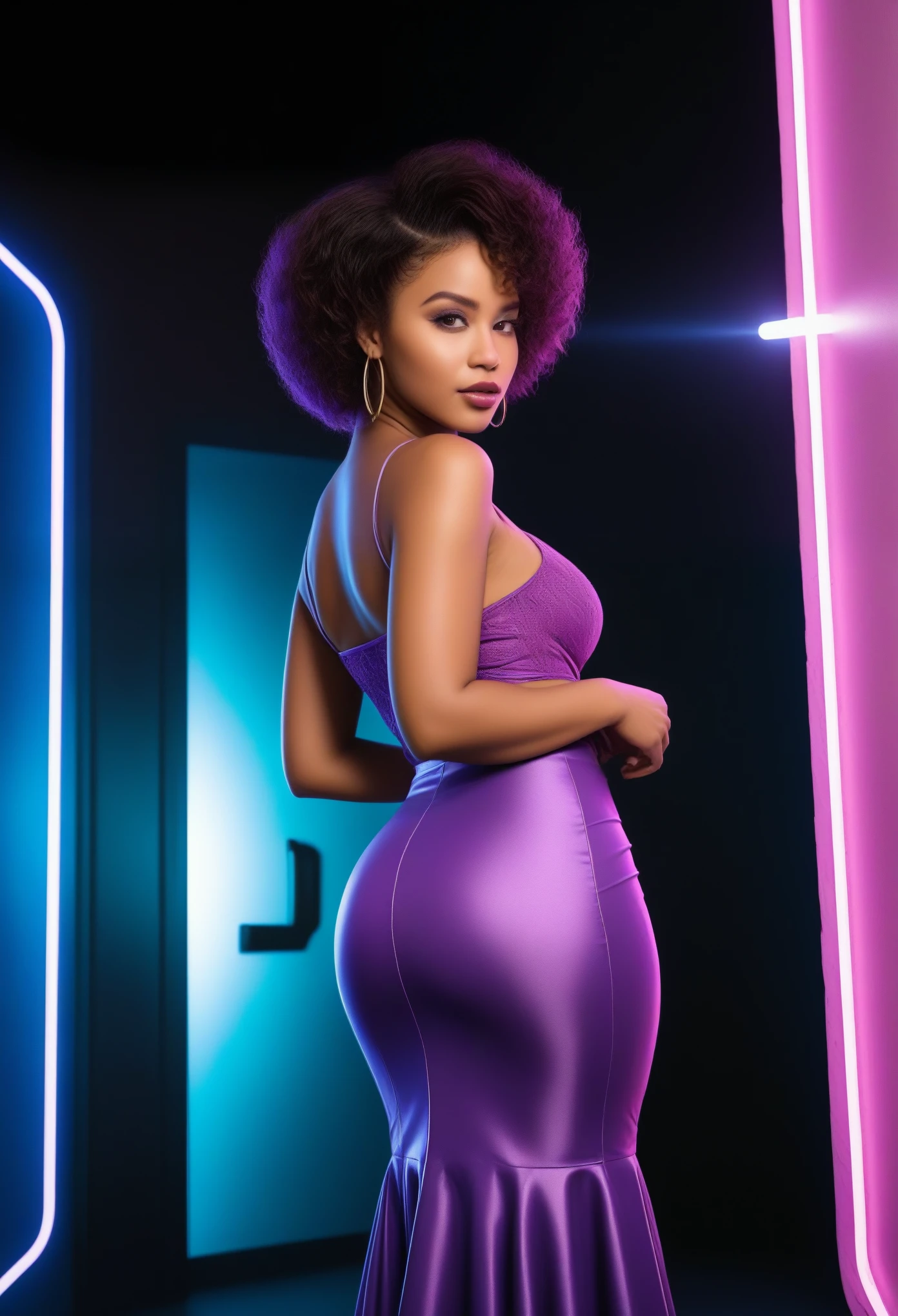 A retrofuturistic illustration of an African woman with short curly hair, in a purple long skirt, standing confidently with her back towards the viewer at the threshold of another dimension. Her expressive eyes locked onto the onlooker, radiating a sense of intrigue and mystery. The style is reminiscent of Womancore, with pink and blue neon lights illuminating the background in a symmetrical and captivating manner. This high-resolution image boasts intricate details and vibrant colors, reflecting a stunning level of high sharpness and contrast. Cinematic volumetric lighting adds depth to the image, while rim lights accentuate the curves and dimensions of the woman'