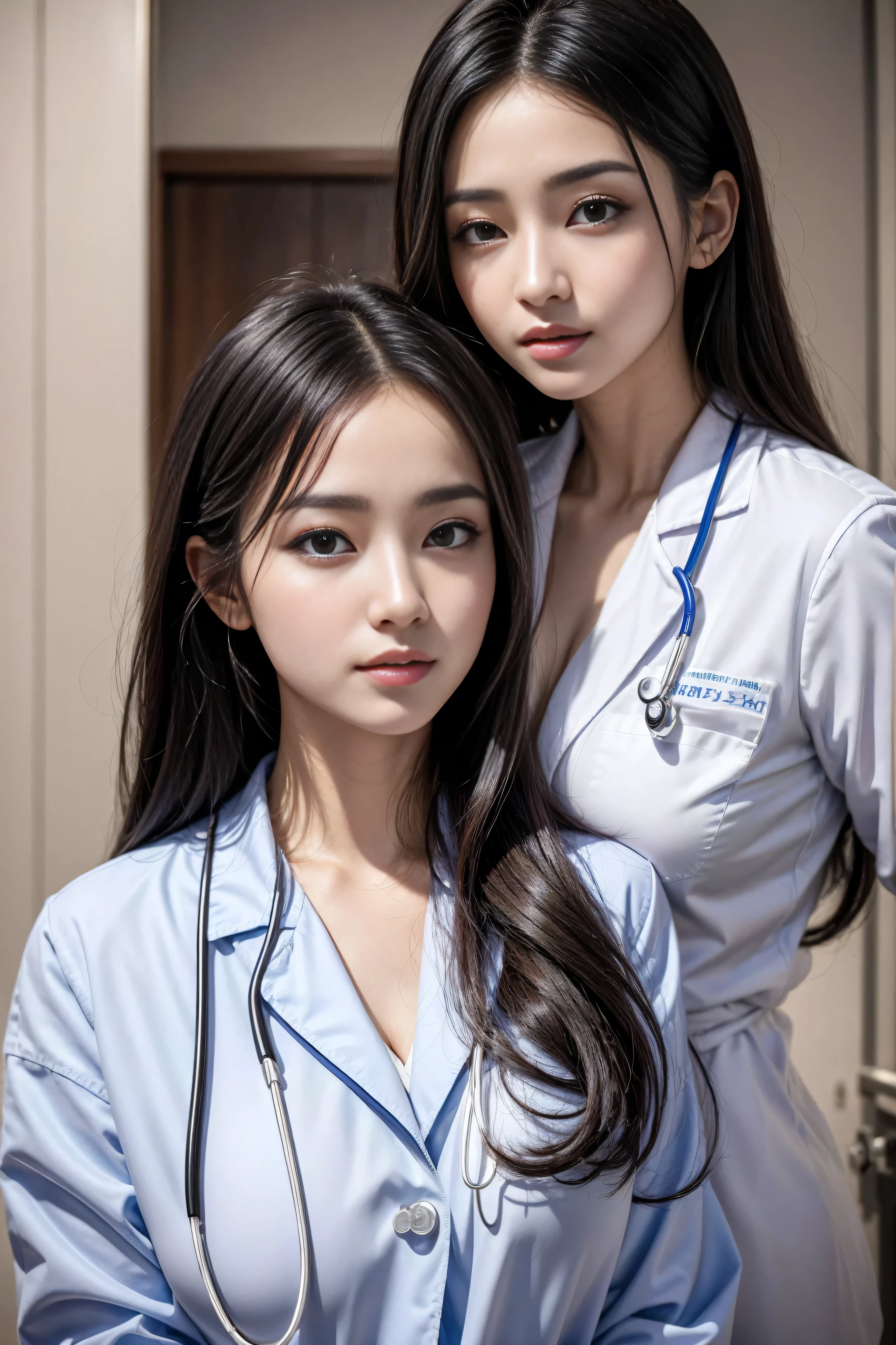 Realistic beautiful doctor、Stunningly beautiful、Doctor's white coat, Collared shirt、(Top quality、8K、32K、masterpiece、North African Trade Zone:1.3)、Ultra-high resolution,(Reality:1.4),Original Photography, Detailed face,,Beautiful hair, ((Doctor style)),,((Leg length)), (Thigh gap:1.5), , Black tight skirt、 Natural Makeup,, Big plump breasts、In the hospital, Detailed background, Perfect lighting, Depth of Field, Beautiful shadow gradient,Stethoscope ,