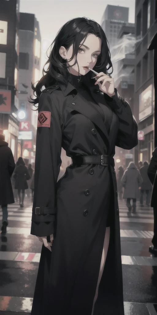 Mature woman, goth, wavy hair, black hair, mature face, hot face, sharp eyes, sharp gaze, big ass, trench coat, black skirt, night, illuminated background, sidewalk, cigarette in mouth, smoking, close view, face to face view