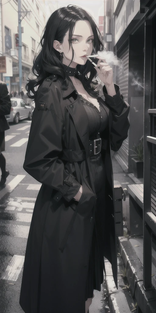 Mature woman, goth, wavy hair, black hair, mature face, hot face, sharp eyes, sharp gaze, big ass, trench coat, black skirt, night, illuminated background, sidewalk, cigarette in mouth, smoking, close view, face to face view