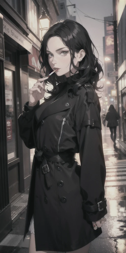 Mature woman, goth, wavy hair, black hair, mature face, hot face, sharp eyes, sharp gaze, big ass, trench coat, black skirt, night, illuminated background, sidewalk, cigarette in mouth, smoking, close view, face to face view
