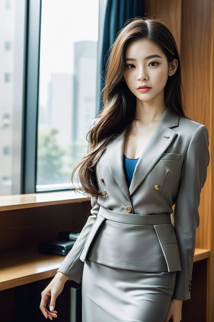 A woman, Brown wavy long hair, secretary, (Oval face: 1.3), (Royal sisters: 1.3), Best image quality, (masterpiece: 1.3), (Ultra-high resolution: 1.2), (Casual suits, Suit skirt, black: 1.6), (Real hand details: 1.4), (Floor-to-ceiling windows: 1.3), (black eyes: 1.2), (Serious eyes: 1.4), (young: 1.3), (Detailed face close-up: 1.5), (Practical skin texture: 1.3), (Practical: 1.4), (Practical physical rendering: 1.5), (Practical light and shadow effects: 1.4), Practical modern city background, Standing in the office, Hold documents, (Perfect body, Thin waist, Long legs: 1.3), (Chinese beauty: 1.7)