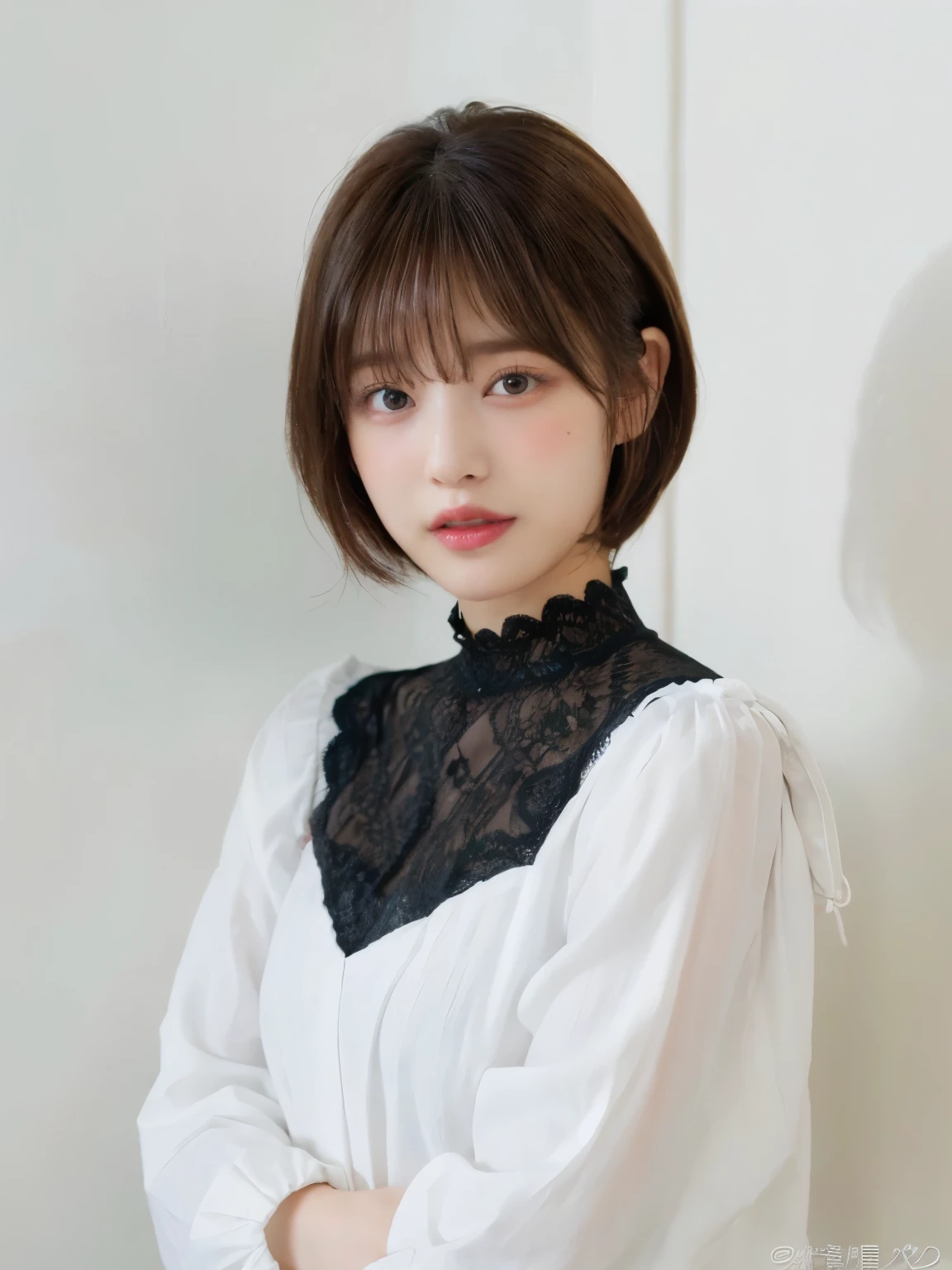 stylish long sleeve dress、Tabletop、(White wall in the background)、In front of a white door、face down、single eyelid、Berry Short、((highest quality、8k、masterpiece:1.3))、Ultra-high resolution、(photoGenuineistic:1.4)、RAW Photos、30-year-old woman、Japanese,(face)、Genuine、Photographed in natural light、Highly detailed face and skin texture、Highly detailed lips、The correct state of the human body、short hair、Shortcuts、Brown Hair、short hair、Various poses、Natural color lip、Fluffy hair