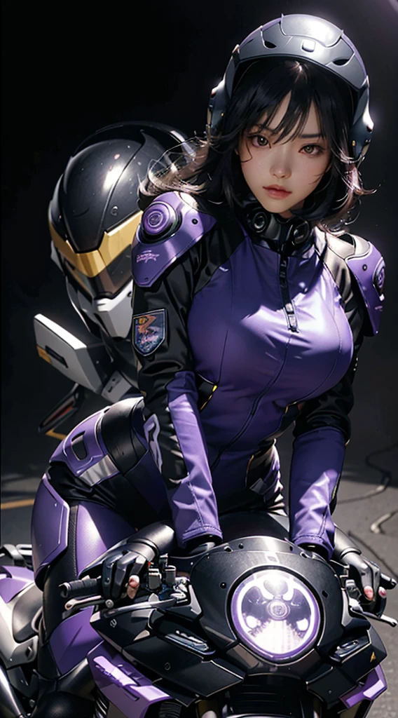 Best image quality, Excellent details, Ultra-high resolution, (realism: 1.4), Best Illustration, Loved the details, Highly concentrated 1girl, Beautiful face, Dressed in black and purple mecha, Wearing a mecha helmet, Hold the directional controller, Riding a motorcycle, The background is a high-tech lighting scene of a future city.