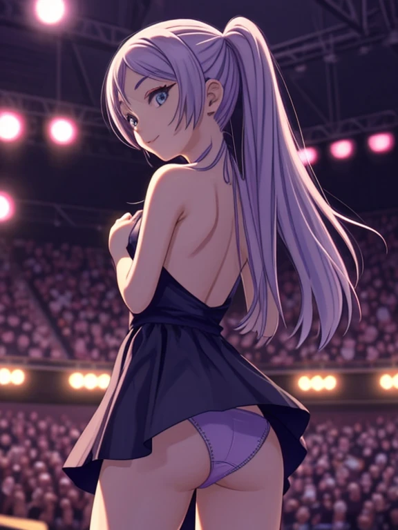 masterpiece, best quality, ultra detailed, 1girl, cute, microphone, realistic, underwear, (panties:1.5), Idol, standing, looking at viewer, (looking back:1.3), ( from behind:1.4), on stage, indoor, in public, (flat chest:1.3), straight hair, (two side up:1.2), blue eyes, smile, solo, Idol dress, holding microphone, upskirt, cowboy shot