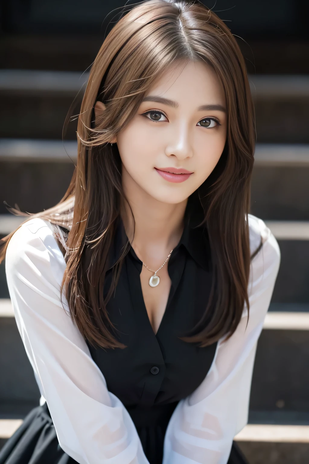 (RAW Photos), (Realistic), (masterpiece), (highest quality), High resolution, 8k, (Intricate details), (Volumetric Light), Portraiture, woman, Age 25, Medium Hair, Straight hair, Mid-chest, Accentuate your cleavage, Layered Hair, Brown Hair, Very beautiful eyes, Source order, Very thin eyebrows, Very fine skin, Very beautiful mouth, Very nice nose, Cute like an idol, smile, (Thick lips), (Looking at the audience), (black collared dress shirt), Above the knee shot,