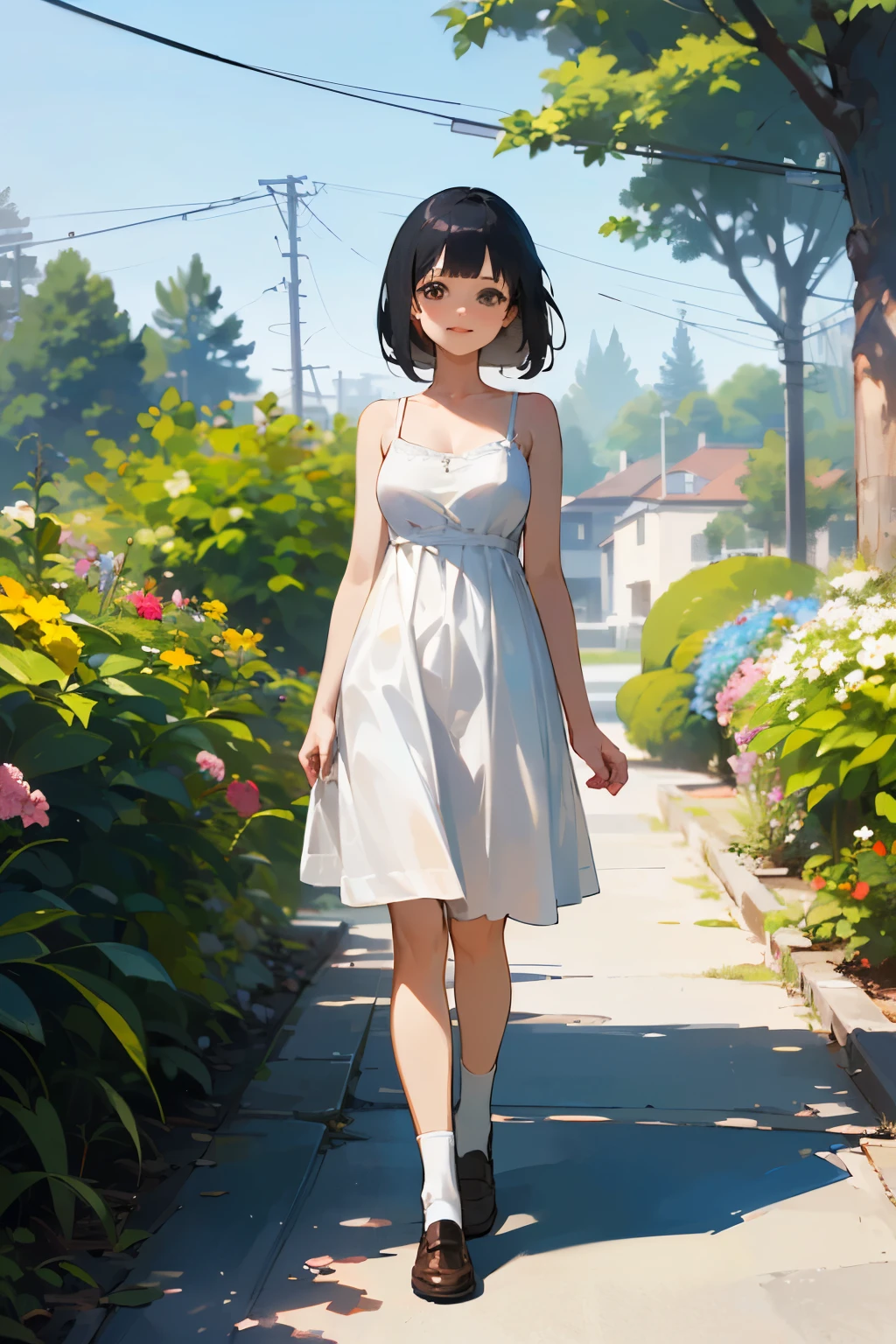 (high quality, High resolution, Very detailed, reality:1.37), Peaceful atmosphere, (Outdoor, garden), Teenage girl standing alone, (my breasts are big.), Beautiful details, Cute Smile, (Black bob hair), White camisole dress, White socks, loafers.