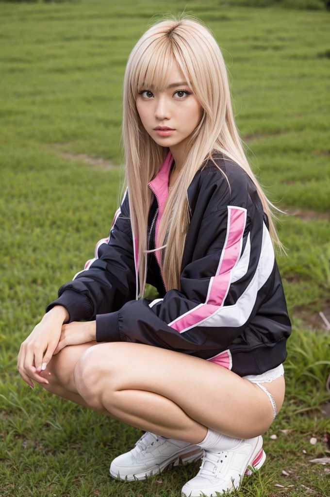gyaru, dark-skinned, shiny oiled skin, blond hair, wearing pink track jackets, wearing thongs, squatting in the rice field, at sunset
