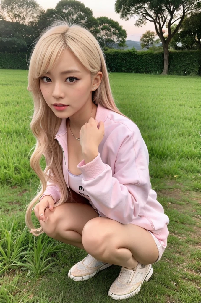 gyaru, dark-skinned, shiny oiled skin, blond hair, wearing pink track jackets, wearing thongs, squatting in the rice field, at sunset