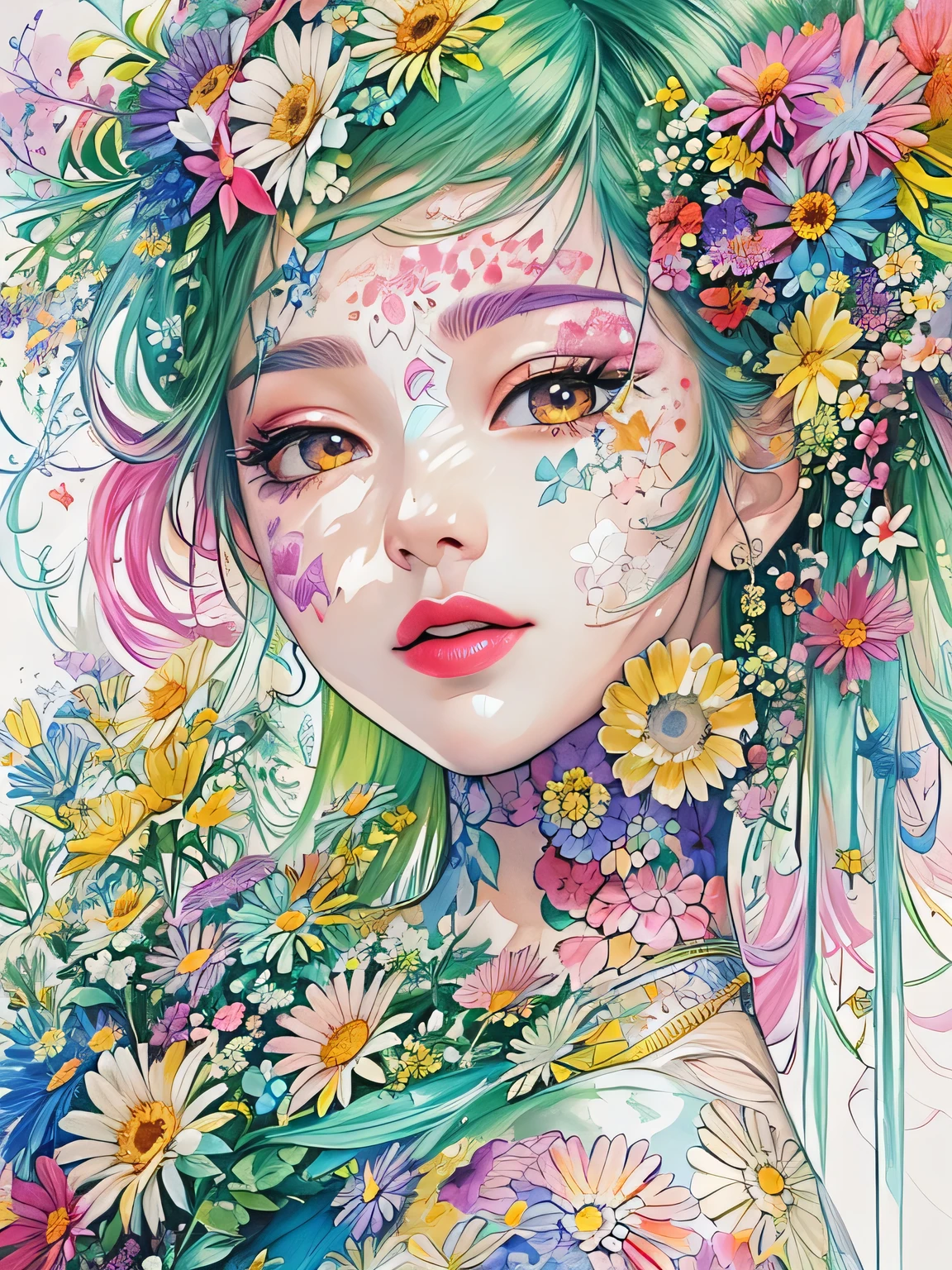 Masayo Style、(((stylish fashion))), 8K Quality、Intense watercolor, Detailed watercolor art, Watercolor splash, Surreal, avant-garde pop art, Beautiful and expressive paintings, Beautiful artwork illustration, Very colorful tones, wonderful, Cool beauty, highest quality、Official Art, Vector art, Stylish design, (((The most beautiful girl))), (((highest quality))), HDR, ((detailed)), (((Doodle Art)), ((masterpiece)), ((Super detailed)), (((Colorful flowers))),(((Stylish))),