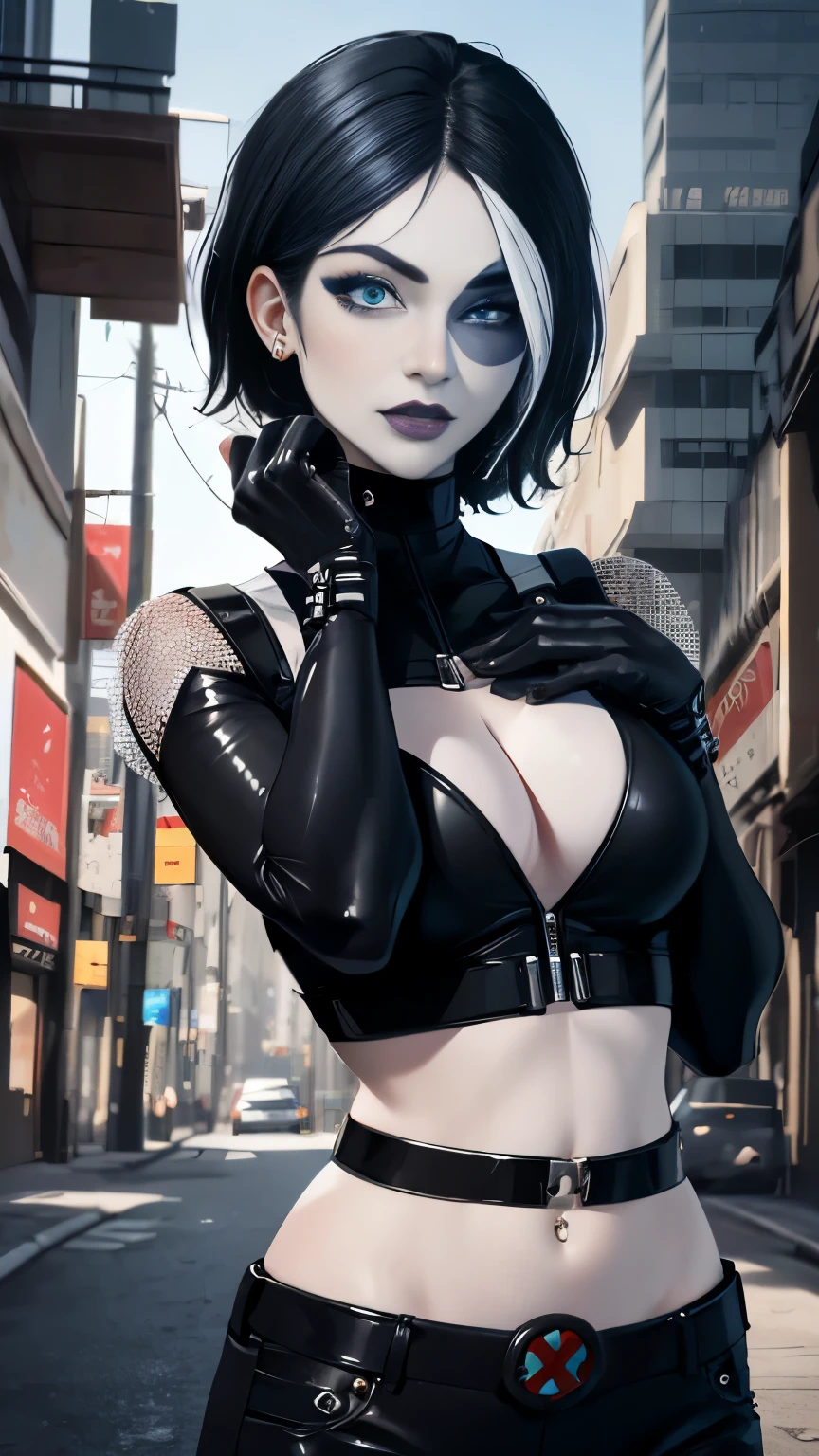 (Highly quality, masterpiece, detailed), city detailed scenario, city detailed background, solo, 1 woman, black hair, white hair, marveldomino, colored skin, makeup, leather cropped top, sleeves, gloves, belt, bellybutton piercing, bite her lips, blue eyes beautiful eyes, look at the viewer, Sexy pose 