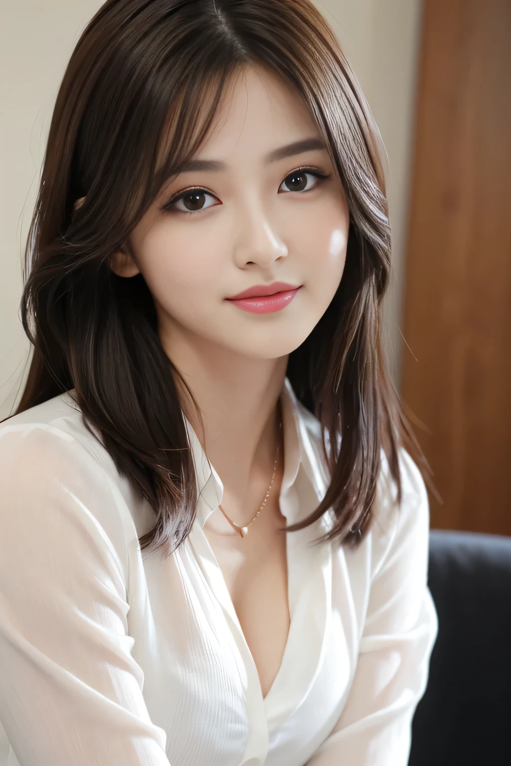 (RAW Photos), (Realistic), (masterpiece), (highest quality), High resolution, 8k, (Intricate details), (Volumetric Light), Portraiture, woman, Age 25, Medium Hair, Straight hair, Mid-chest, Accentuate your cleavage, Layered Hair, Brown Hair, Very beautiful eyes, Source order, Very thin eyebrows, Very fine skin, Very beautiful mouth, Very nice nose, Cute like an idol, smile, (Thick lips), (Looking at the audience), (black collared dress shirt), Above the knee shot,