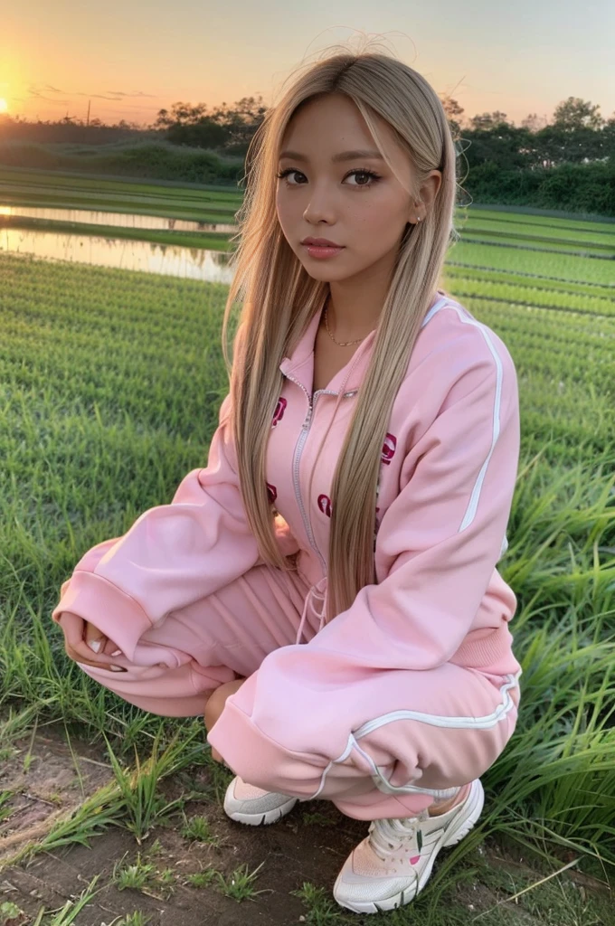 gyaru, dark-skinned, shiny oiled skin, blond hair, wearing pink tracksuits, squatting in the rice field, at sunset