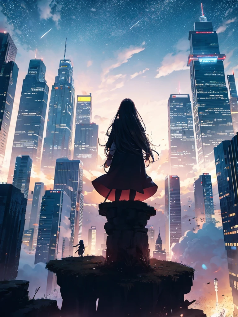 octans, sky, star (sky), scenery, starry sky, night, 1girl, night sky, solo, outdoors, building, cloud, milky way, sitting, tree, long hair, city, silhouette, cityscape