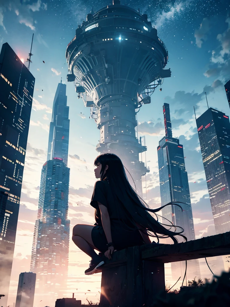 octane number, sky, star (sky), landscape, starry sky, night, 1 girl, night sky, One, on open air, building, cloud, Milky Way, Sitting, tree, long hair, city, Silhouette, cityscape