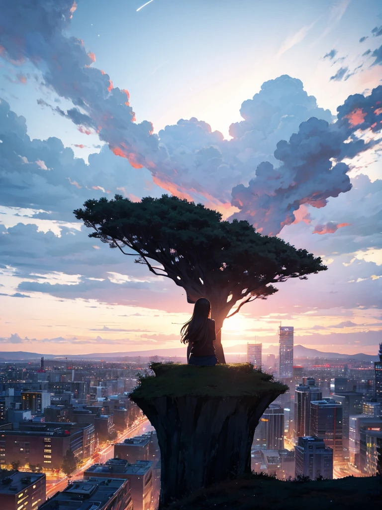 octans, sky, star (sky), scenery, starry sky, night, 1girl, night sky, solo, outdoors, building, cloud, milky way, sitting, tree, long hair, city, silhouette, cityscape