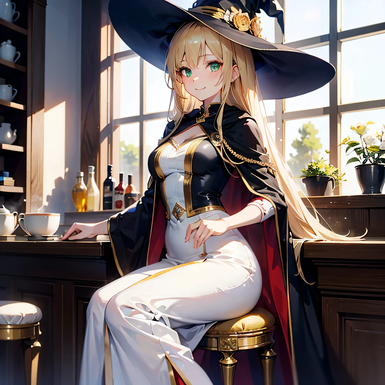Anime Moe Art Style,highest quality,High resolution,Anatomically correct,One Woman,Twenty years old,Blonde,Super long hair,Straight Hair,Green Eyes,Super detailed,Fantasy Style,witch,White hat with gold trim,White cloak with gold trim,A long black dress,Medium sized breasts,smile,Tavern,sitting on a stool at the counter,Beautiful posture,8K