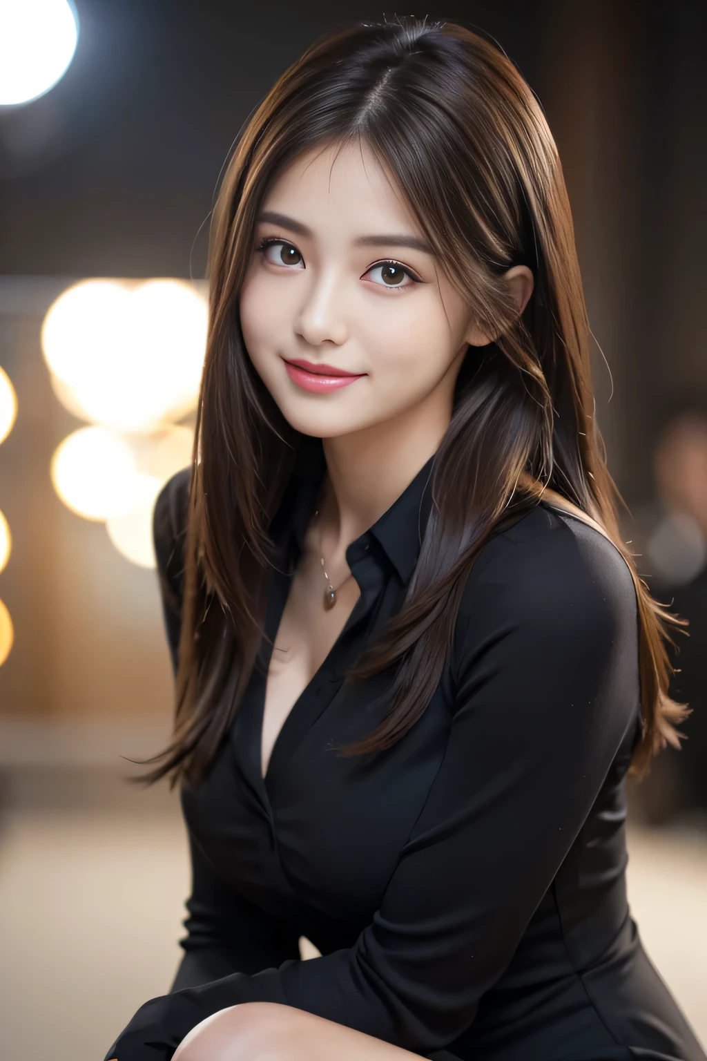 (RAW Photos), (Realistic), (masterpiece), (highest quality), High resolution, 8k, (Intricate details), (Volumetric Light), Portraiture, woman, Age 25, Medium Hair, Straight hair, Mid-chest, Accentuate your cleavage, Layered Hair, Brown Hair, Very beautiful eyes, Source order, Very thin eyebrows, Very fine skin, Very beautiful mouth, Very nice nose, Cute like an idol, smile, (Thick lips), (Looking at the audience), (black collared dress shirt), Above the knee shot,