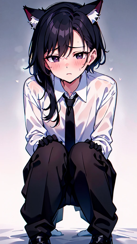 16-year-old boy，cute，Wear a white long-sleeved shirt and a black work tie，Wear black pants，Wear black booties，Wear white gloves，wear cat ear，Black hair，Black eyes，blush，sweat，shy，uncomfortable，porn，nsfw，Close-up photo