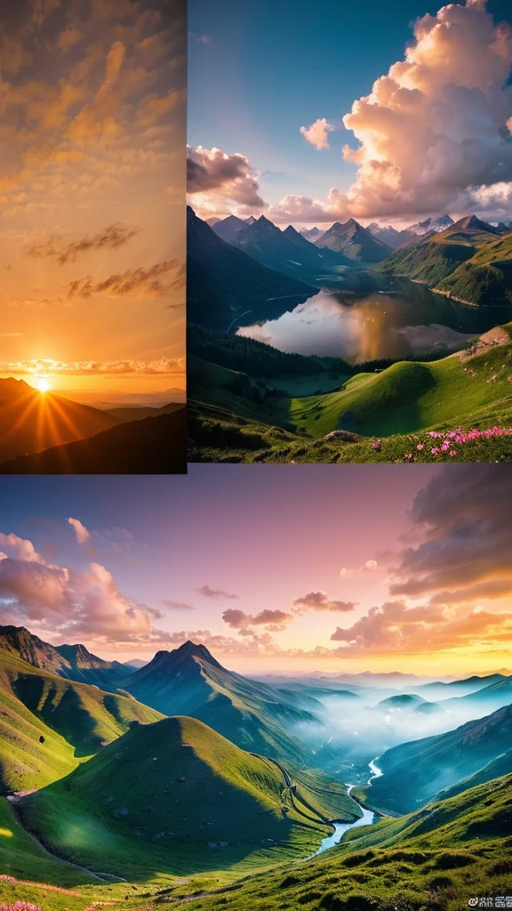theme: Key elements that highlight the beauty and mystery of nature: Spectacular landscapes(Mountain)
tone: 柔らかい夕日や夜明けのtone(orange、pink、green)
style: Simple and clean、Text with the scenery in the center: If necessary、Account name initials(for example、V、S、N etc.)Small arrangement example: 夕日の背景にシルエットで写るMountain、The sky is filled with soft colors