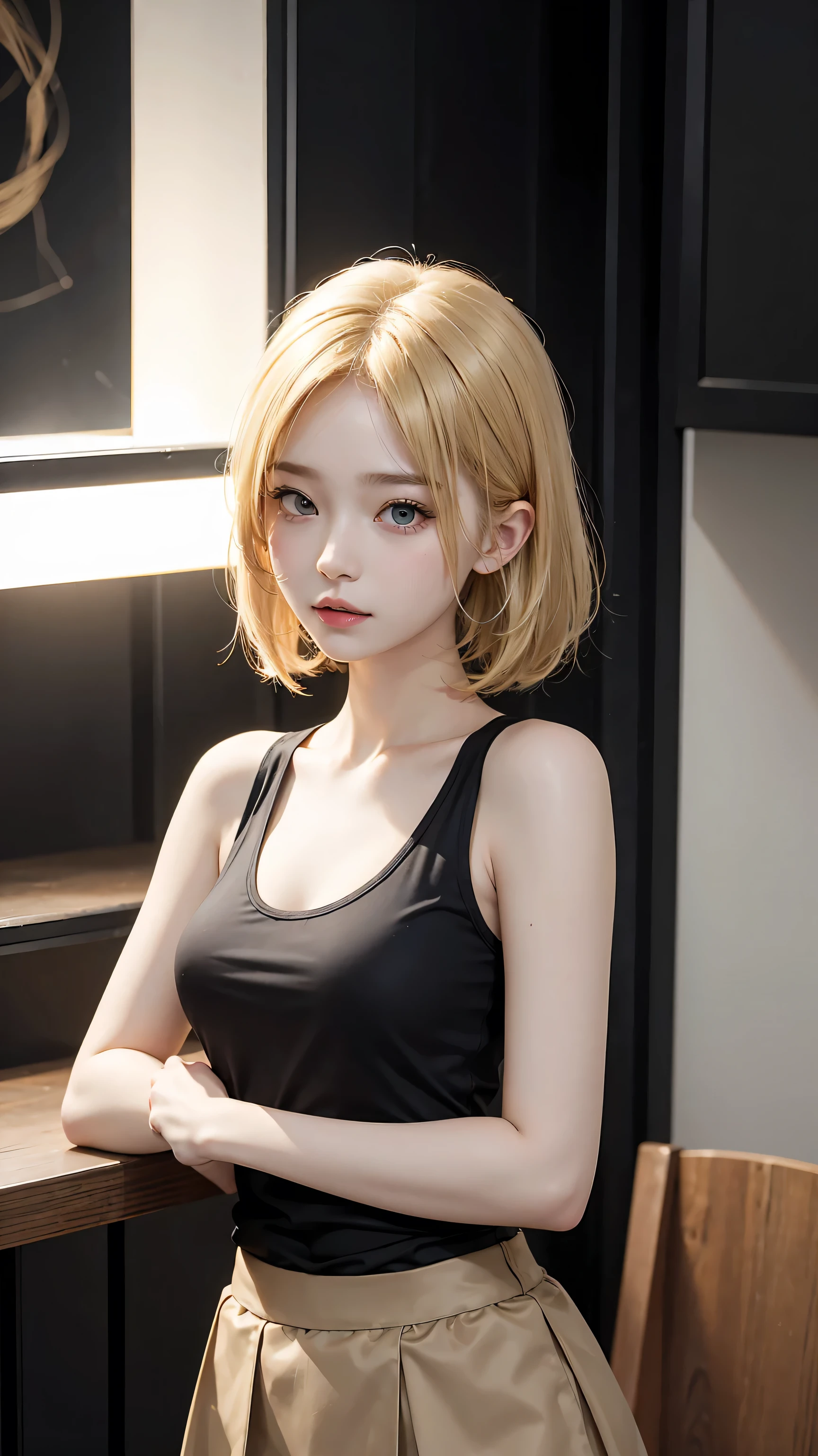 Masterpiece, best quality, super fine, 16k, medium hair, blonde color hair, A tank top and short skirt,