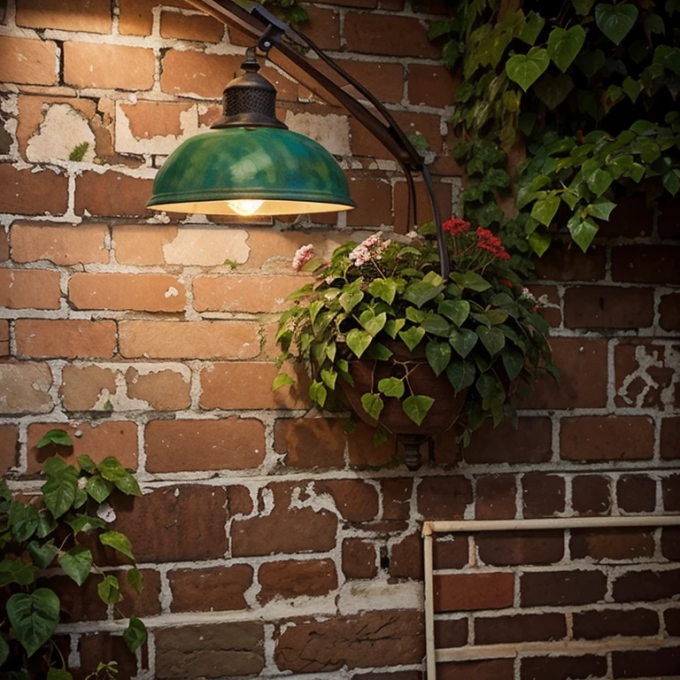 A vintage lamp attached to a brick wall with vines, leaves and flowers surrounding it , and is easy to do in watercolor painting 