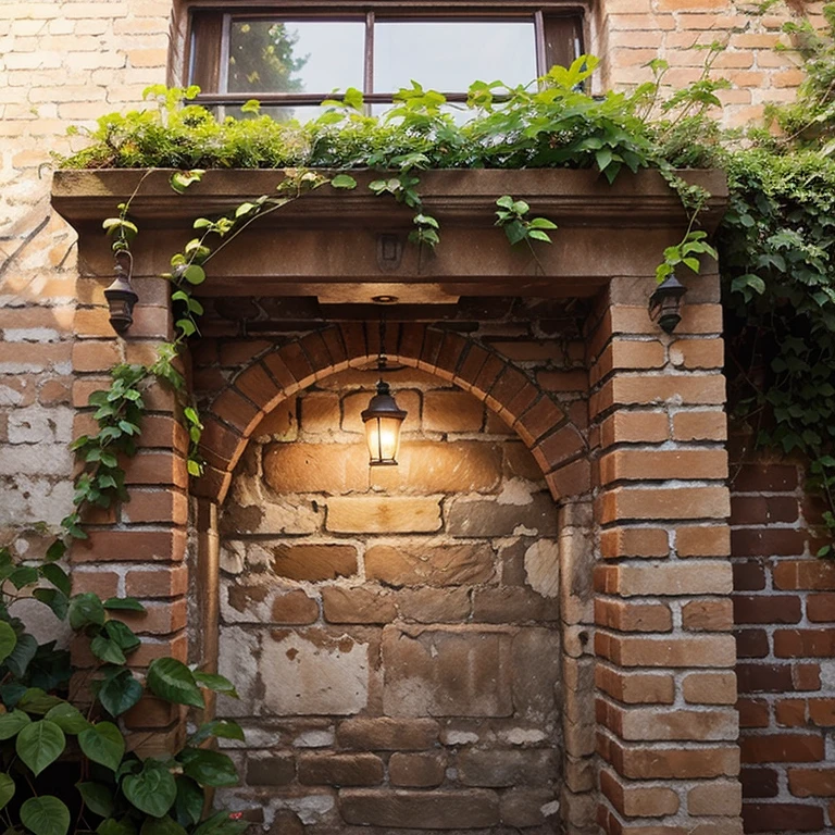 A vintage lamp attached to a brick wall with vines, leaves and flowers surrounding it , and is easy to do in watercolor painting