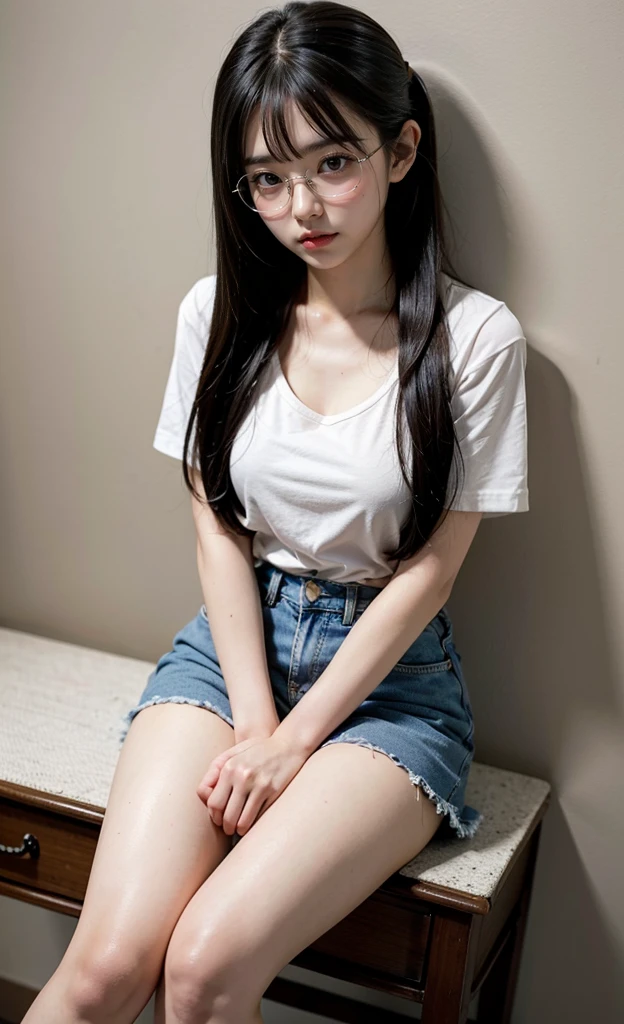 1girl, 18 years old busty woman, shy, eye_glasses, black hair, twintail, bangs, pink blush, white t-shirt, cleavage, big , small waist, crotch_belly, denim mini skirt, thicc_thighs
thighs, legs, knees, perfect fingers, abandoned house, nightime, back against the wall, sitting on a lamp table, top view shots, slim figure,