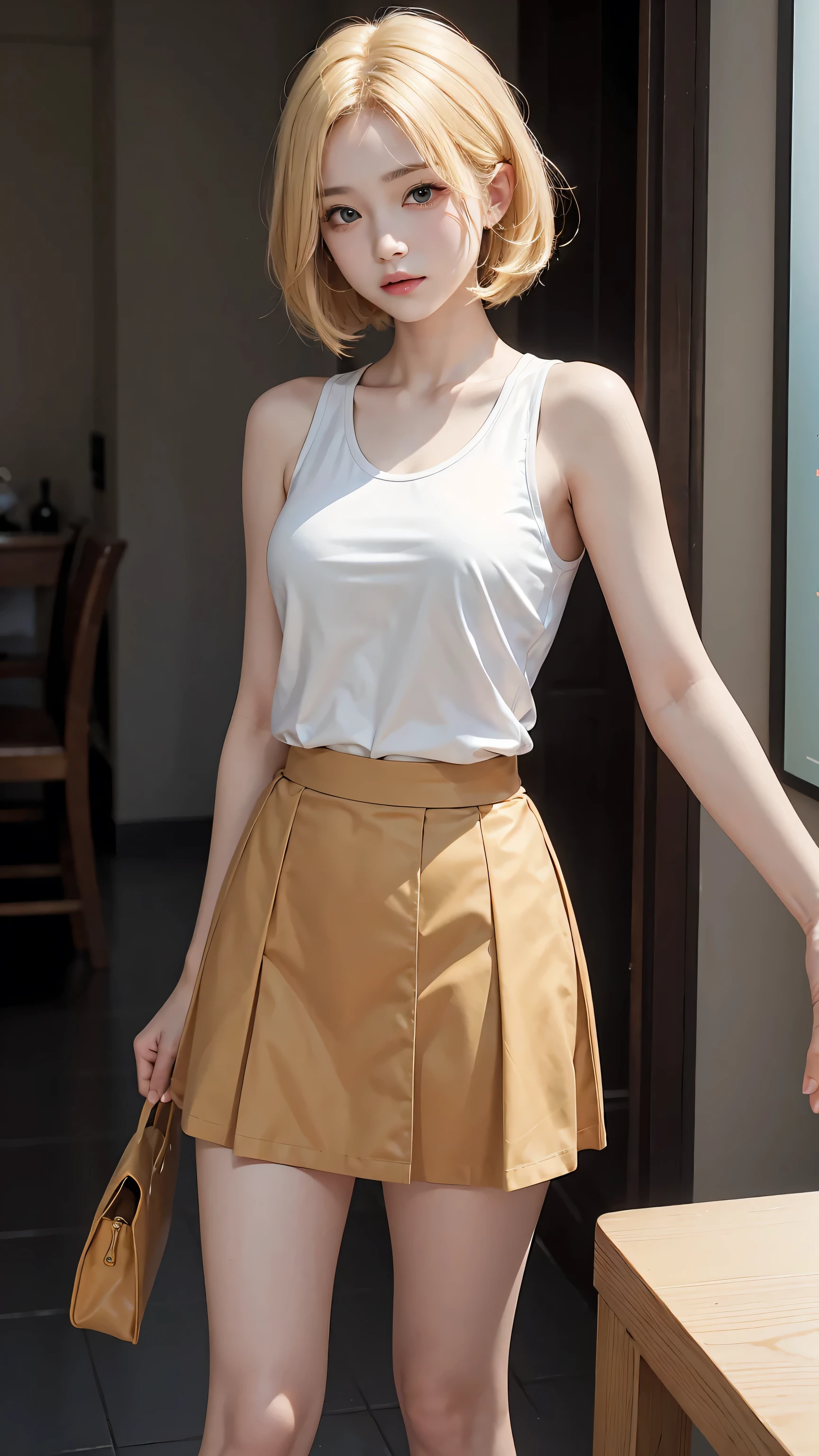 Masterpiece, best quality, super fine, 16k, medium hair, blonde color hair, A tank top and short skirt,