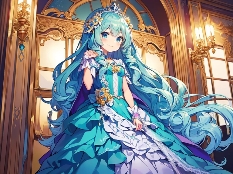 (kawaii),(best quality),(ultra detailed), upper body,(rococo style),(long train mint blue cape:1.05), very long cape,(long train mint blue ball gown with flower decorations:1.05), a girl is wearing a cape over her gown, 1 princess, tiara, smile, small breasts, very long hair